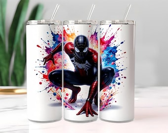 Spiderman aquarelbeker, roodblauw zwart pak geïsoleerde mok met rietje