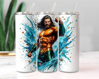 Ocean Superhero Tumbler, Water Splash Comic Hero Cup, oranjegroene mok in kostuum