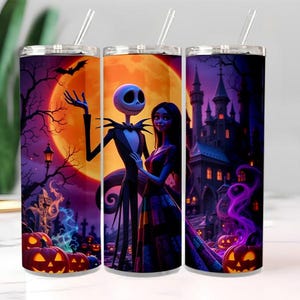 May include: Three stainless steel tumblers with a Halloween design. The design features Jack Skellington and Sally in front of a full moon, with a spooky castle, pumpkins, and bats. Each tumbler has a clear straw.