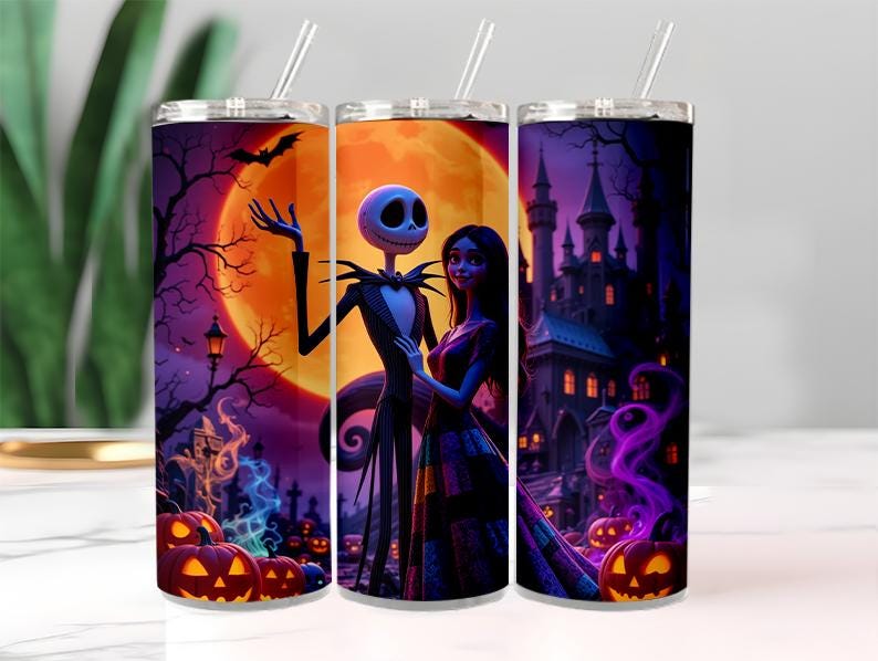 May include: Three stainless steel tumblers with a Halloween design. The design features Jack Skellington and Sally in front of a full moon, with a spooky castle, pumpkins, and bats. Each tumbler has a clear straw.