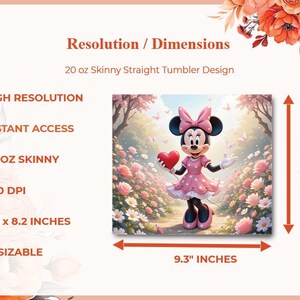 Op de afbeelding: Een digitaal ontwerp voor een 20 oz skinny straight tumbler. Het ontwerp toont Minnie Mouse in een roze jurk met een hart, omringd door bloemen en vlinders. De afmetingen zijn 24,9 x 20,8 cm.