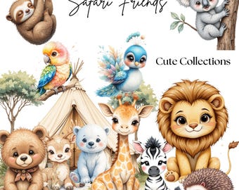 65 schattige safaridieren clipart, aquarel jungle png, baby shower safari clipart, kleine safari kinderkamerdieren, commercieel gebruik