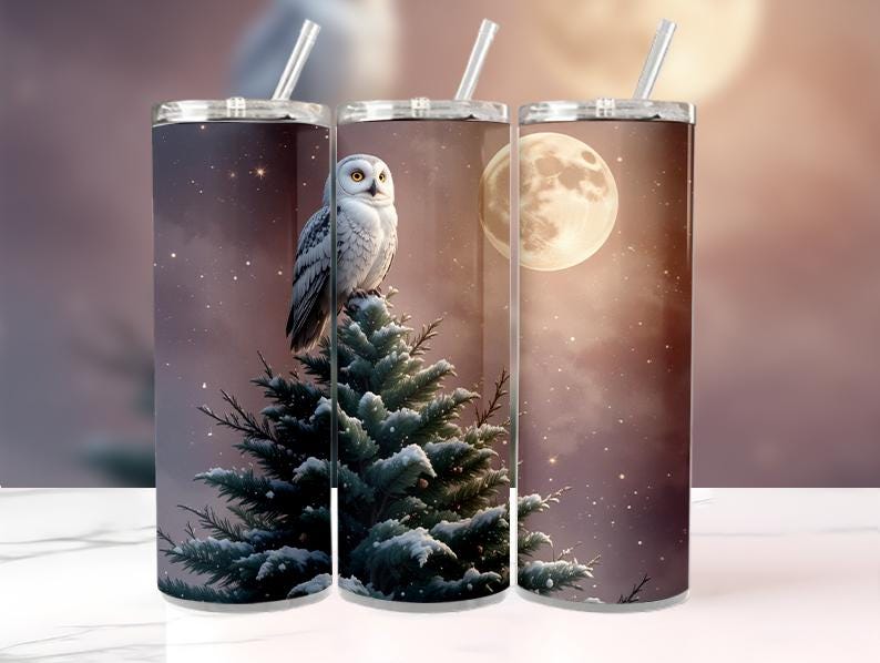 Snowy Owl Tumbler Wrap | Winter Forest Full Moon PNG (Digital Download)