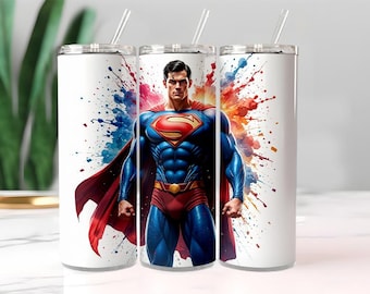 Blauer Anzug Superhero Becher 20 Unzen Skinny, Roter Umhang Held Tasse, Brust Emblem Comic Becher, Farbspritzer Thermobecher Geschenk