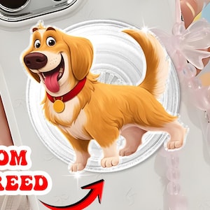 以下が含まれることがあります： 白い携帯電話ケース。犬の漫画のデザインと「CUSTOM DOG BREED」の文字。犬は薄茶色で、赤い首輪と金のタグが付いています。ケースには透明なリングホルダーとピンクのビーズストラップが付いています。