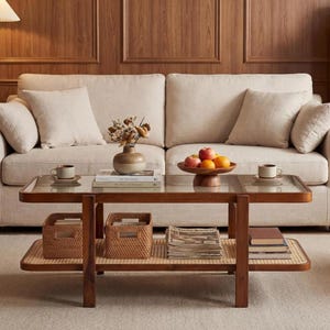 May include: A beige upholstered sofa with four matching throw pillows, positioned behind a rectangular wooden coffee table with a glass top and a lower shelf containing two woven baskets, a stack of magazines, and several books.