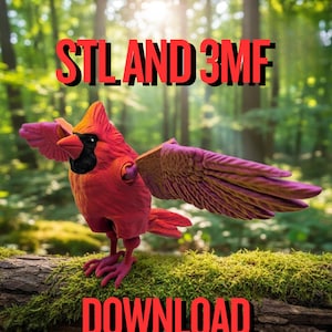 May include: A vibrant red cardinal sculpture with outstretched wings, perched on a moss-covered log. The bird has a black face and a yellow beak. The image includes the text "STL AND 3MF" and "DOWNLOAD" in red.
