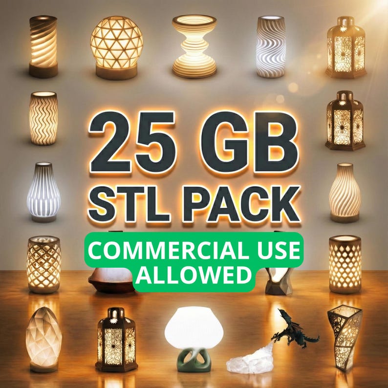 Paquete de 25 GB de STL para lámparas, diseños de lámparas imprimibles en 3D, pantallas de lámparas modernas, paquete STL, descarga digital, uso comercial.
