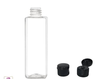 Plastic Bottles PET Square Liquid Refillable Bottles with Black Flip Top Cap 4 oz. Clear (25 Bottles) 9784FB-25