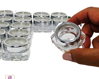 Empty Cosmetic Jars Plastic Beauty Lip Balm Thick Wall Square Containers 10 Gram 10 Ml Silver Trim Acrylic Lid (5 Jars) 3081-5