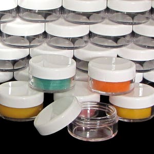 10 Gram Cosmetic Makeup Jars Plastic Beauty Eyeshadow Glitter Containers Lip Balm Pot White Lids (25 Jars) 5066-25