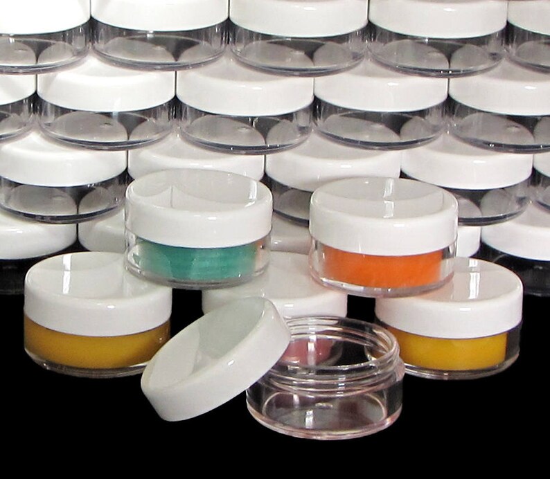 10 Gram Cosmetic Makeup Jars Plastic Beauty Eyeshadow Glitter Containers Lip Balm Pot White Lids (25 Jars) 5066-25