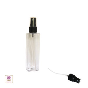 Plastic Bottles PET Square Liquid Refillable Bottles with Black Fine Sprayer  4 oz. Clear (25 Bottles) 9784SB-25