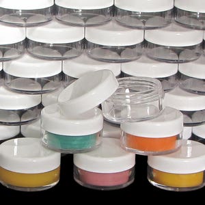 10 Gram Cosmetic Makeup Jars Plastic Beauty Eyeshadow Glitter Containers Lip Balm Pot White Lids (25 Jars) 5066-25