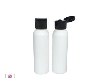 Plastic Bottles PET Refillable Cosmo Roud Bottles with Black Flip Top Caps 2 oz White (25 Bottles) 9772FB-25