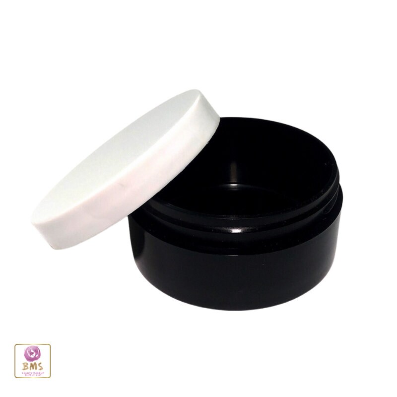 Plastic Cosmetic Containers Low Profile Wide Mouth White Jars with Lids 1  oz. (White / Black Cap) • 9351 / 9352