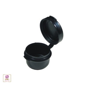 May include: A black plastic container with a hinged lid. The container is small and round, and the lid is slightly larger than the container.