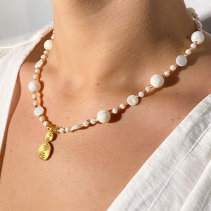Mother of Pearl Necklace | Gold Spiral Pendant | Handmade White Beaded Jewelry | Elegant Wedding Bridal Necklace