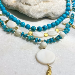Turquoise Mother of Pearl Necklace: 22K Gold-Plated Beaded Gemstone Jewelry