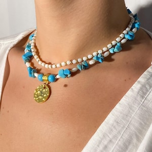 Turquoise Mother of Pearl Necklace | Double Strand Gold Pendant | Beach Boho Layered Statement Jewelry