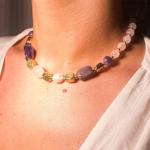 Amethyst Rose Quartz Baroque Pearl Necklace: 22K Gold Details