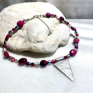 Handcrafted Tiger&#39;s Eye Triangle Pendant Necklace | Red Gemstone Statement Jewelry | Protection Crystal Gift