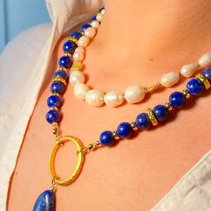 Lapis baroque pearl necklace set Beaded handmade jewelry Chunky layered gemstone necklace Bold gift for women birthday Gift for her