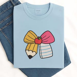 新学期用のリボン刺繍、鉛筆とリンゴのノートデザイン、先生へのプレゼント刺繍、かわいい学校用リボン、教室の装飾パターン