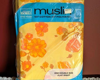 Vintage 1970s Double Size Flat Sheets / NOS Montgomery Ward Orange and Yellow Florals