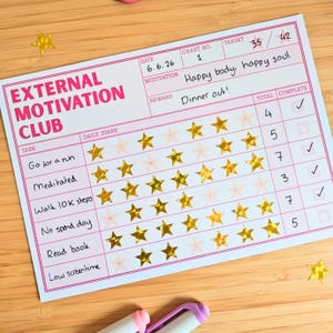 May include: A rectangular paper habit tracker titled External Motivation Club with pink borders. It features rows for tasks like Go for a run and Meditated, with gold star stickers for progress, a target of 35 out of 42, and a reward of Dinner out.