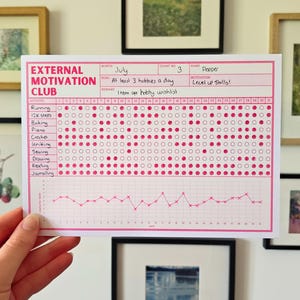 Könnte beinhalten: Ein weißer Gewohnheits-Tracker aus Papier mit rosa Text und Gitterlinien mit dem Titel External Motivation Club. Er enthält Felder für Monat, Chartnummer, Name, Ziel und Belohnung. Das Diagramm zeigt Zeilen für Aktivitäten mit gefüllten Kreisen.