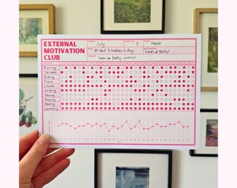May include: A white paper habit tracker with pink text and grid lines titled External Motivation Club. It includes fields for month, chart number, name, goal, and reward. The chart features rows for activities with filled and empty pink circles.