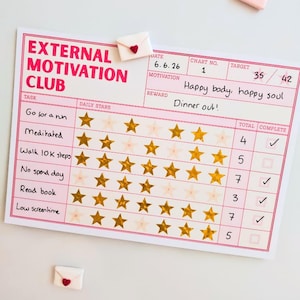 May include: A rectangular paper habit tracker titled External Motivation Club with pink borders and text. It features rows for tasks like Go for a run and Meditated, columns for daily gold star stickers, and handwritten notes including Happy body, happy soul.