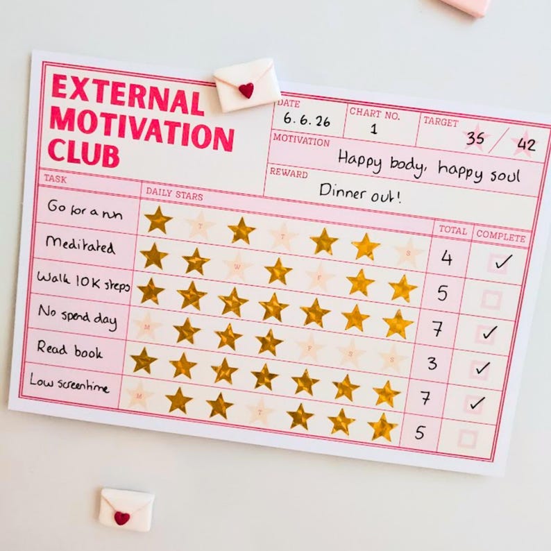 May include: A rectangular paper habit tracker titled External Motivation Club with pink borders and text. It features rows for tasks like Go for a run and Meditated, columns for daily gold star stickers, and handwritten notes including Happy body, happy soul.
