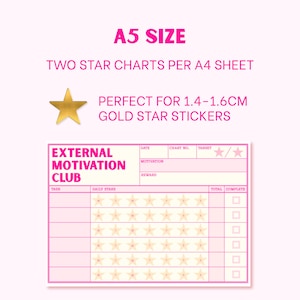 May include: A rectangular star chart printed in pink and cream with the text External Motivation Club. The chart includes sections for date, chart number, target, motivation, and reward, with rows for tasks and columns for daily stars and completion.