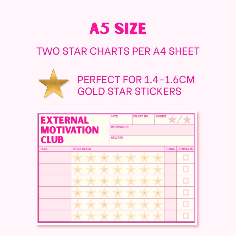May include: A rectangular star chart printed in pink and cream with the text External Motivation Club. The chart includes sections for date, chart number, target, motivation, and reward, with rows for tasks and columns for daily stars and completion.