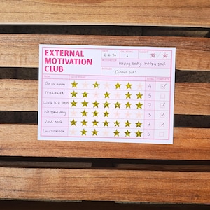 May include: A rectangular paper habit tracker titled External Motivation Club with pink borders and text. It features rows for tasks like Go for a run and Read book, with gold star stickers for daily progress, a total column, and checkboxes for completion.