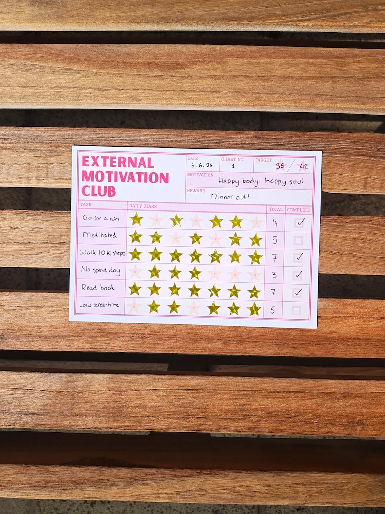 May include: A rectangular paper habit tracker titled External Motivation Club with pink borders and text. It features rows for tasks like Go for a run and Read book, with gold star stickers for daily progress, a total column, and checkboxes for completion.
