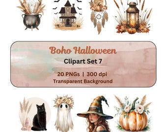 May include: Watercolor clipart set with a Boho Halloween theme. The set includes a cauldron, a haunted house, dream catchers, a lantern, a black cat, a ghost, a witch, and a pumpkin. The text on the image says "Boho Halloween Clipart Set 7".