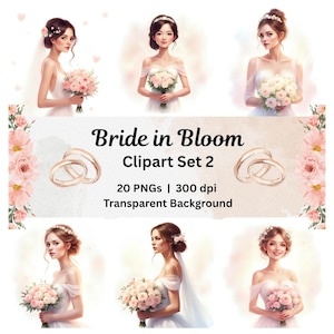 Schöne Braut Clipart Verträumt Pastell PNG Blumen Hochzeit Clipart Sublimation Brautdusche Digital Download Braut Hochzeitskleid Aufkleber