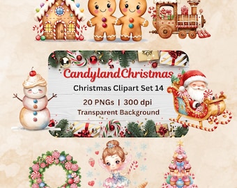 Op de afbeelding: Waterverf kerst clipart set met een peperkoekhuis, peperkoekenmannetjes, een trein, een sneeuwpop, de kerstman in een slee, een krans, een fee en een cupcake boom. De tekst luidt "Candyland Christmas" en "Christmas Clipart Set 14".