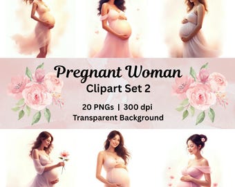 Pregnant Woman Clipart Maternity PNG Bundle Dreamy Pregnancy Illustration Mom To Be Clipart Baby Shower Graphics Gender Reveal Invitation