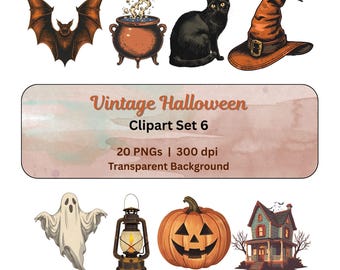 Vintage Halloween Clipart PNG Bundle | Retro Vintage Pumpkins, Ghost, Black Cat, Haunted House | Halloween Fall Antique Sublimation Art