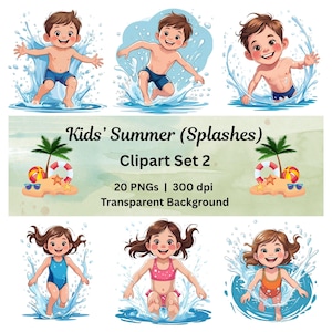 Op de afbeelding: Een digitale clipartset getiteld "Kids' Summer (Splashes)" met zes cartoonkinderen die in het water spetteren. De set bevat jongens en meisjes in badkleding, met een strandscène en tekst die 20 PNG's bij 300 dpi met een transparante achtergrond aangeeft.
