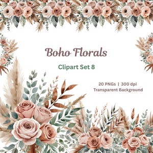 Boho Floral Clipart Set Neutral Bohemian Flowers PNG Watercolor Pampas & Dried Blooms for Wedding Invites Journal Crafts Digital Download