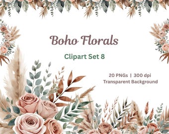 Boho Floral Clipart Set Neutral Bohemian Flowers PNG Watercolor Pampas & Dried Blooms for Wedding Invites Journal Crafts Digital Download