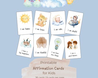 May include: Printable affirmation cards for children, with watercolour illustrations and positive affirmations such as "I am happy" and "I am brave." The cards are displayed on a light blue background, with a rainbow and sun graphic. The text on the cards is clear and easy to read.