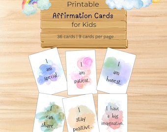 May include: Printable affirmation cards for children. The cards display positive affirmations like "I am patient" and "I can share" against watercolour backgrounds. The set contains 36 cards, with 9 cards per page.