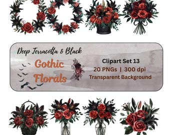 Gothic Florals Clipart PNG Set, Deep Terracotta & Black Flowers, Watercolor Gothic Flowers Dark Floral Autumn Halloween Clipart for Crafters