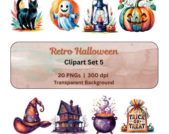 Retro Halloween Clipart PNG Set, Vintage Fall Autumn PNG Bundle, Retro Halloween Ghost Cat Pumpkin Witch Hat Haunted House Lamp Couldron Bat